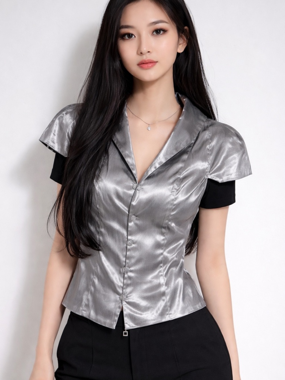 Sarah Pacini Silver Short-Sleeve Zip-Up Blouse
